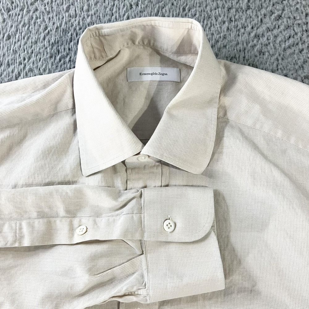 Ermenegildo Zegna Shirt Mens 17 XL‎ Beige Micro Check Dress Button Up Cotton